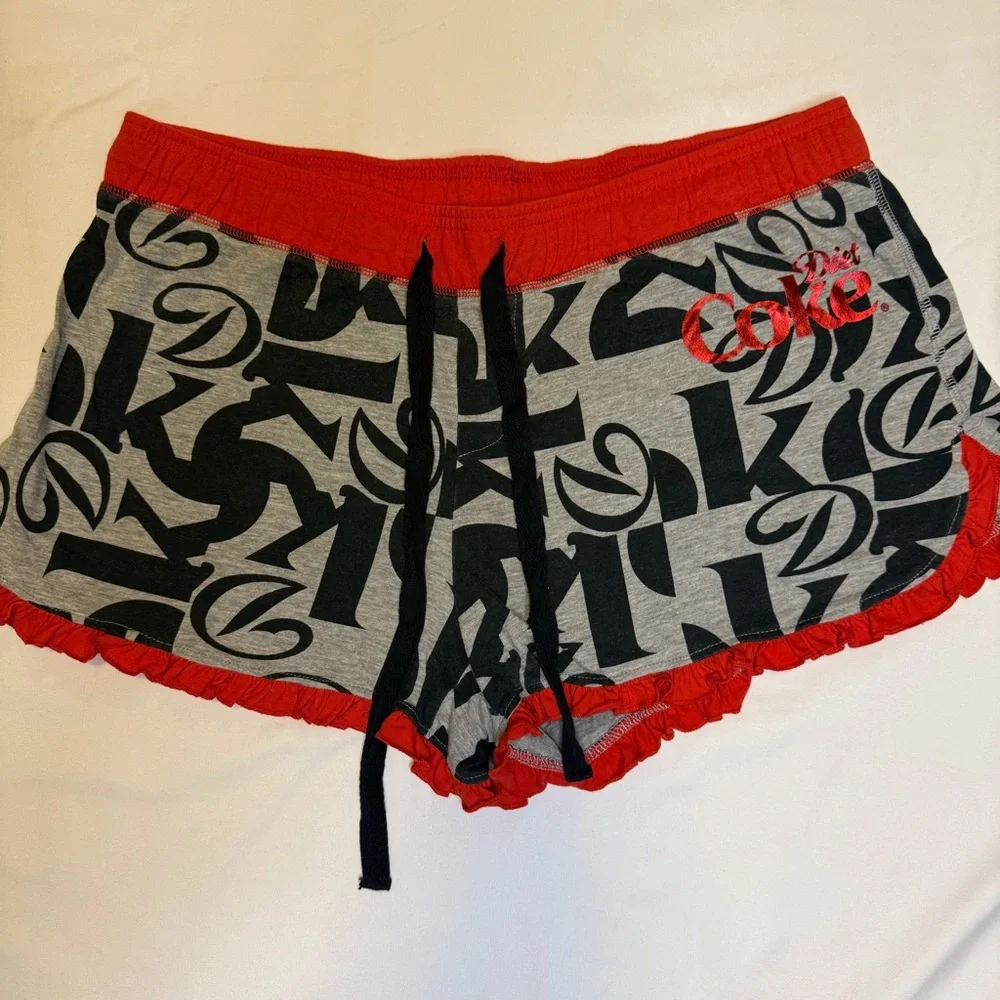 Coca-Cola Diet Coke Women's XL Sleep Shorts Gray Red Logo Drawstring Ruffle